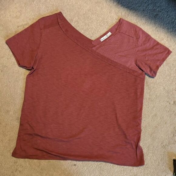 Short Sleeve Rust Solid and Striped V Neck Shirt XL - Picture 5 of 7